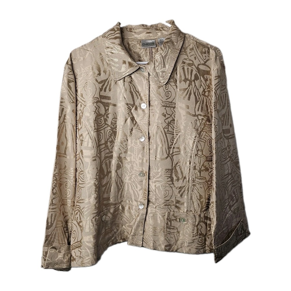 Chico's Silk Blend Button Down Blouse Sz 3 Shacket Gold Womens XL Luxury Pattern